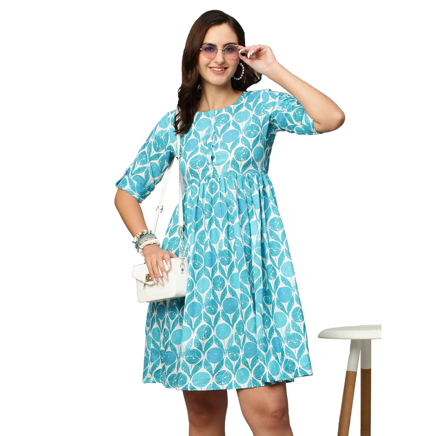 Blue & White Ethnic Motifs Printed Cotton A-Line Dress - Poonam