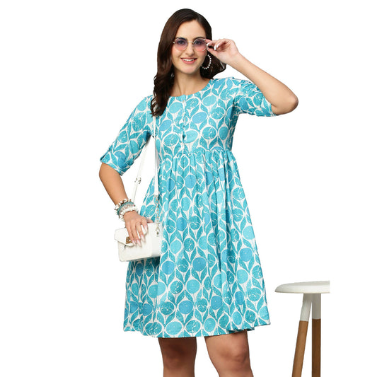 Blue & White Ethnic Motifs Printed Cotton A-Line Dress - Poonam