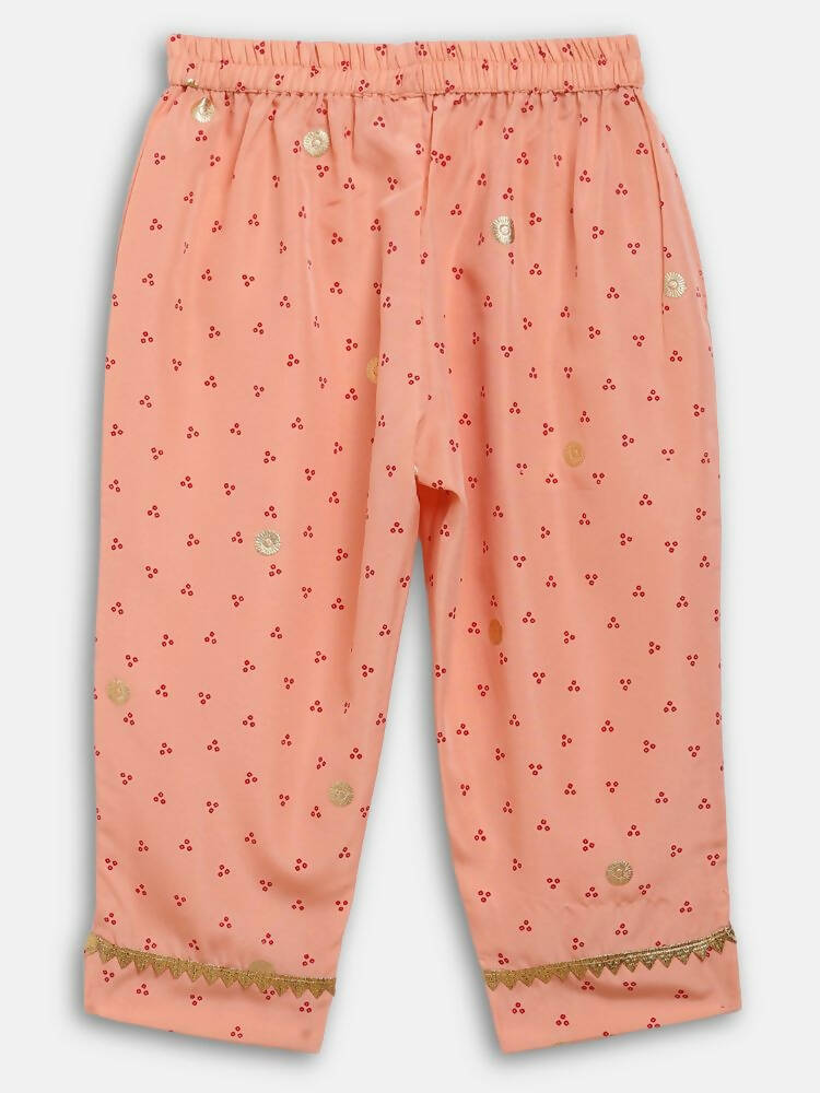 Ahalyaa Peach Crepe Gold Printed Kids Kurta Sets With Dupatta For Girls | Swadesiicart