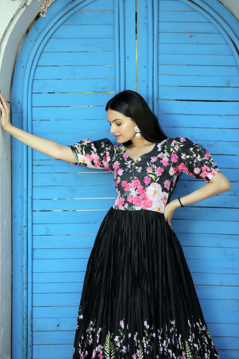 Jyoti Fashion Women's Black Floral Digital Printed Chinon Anarkali Dress | Swadesiicart