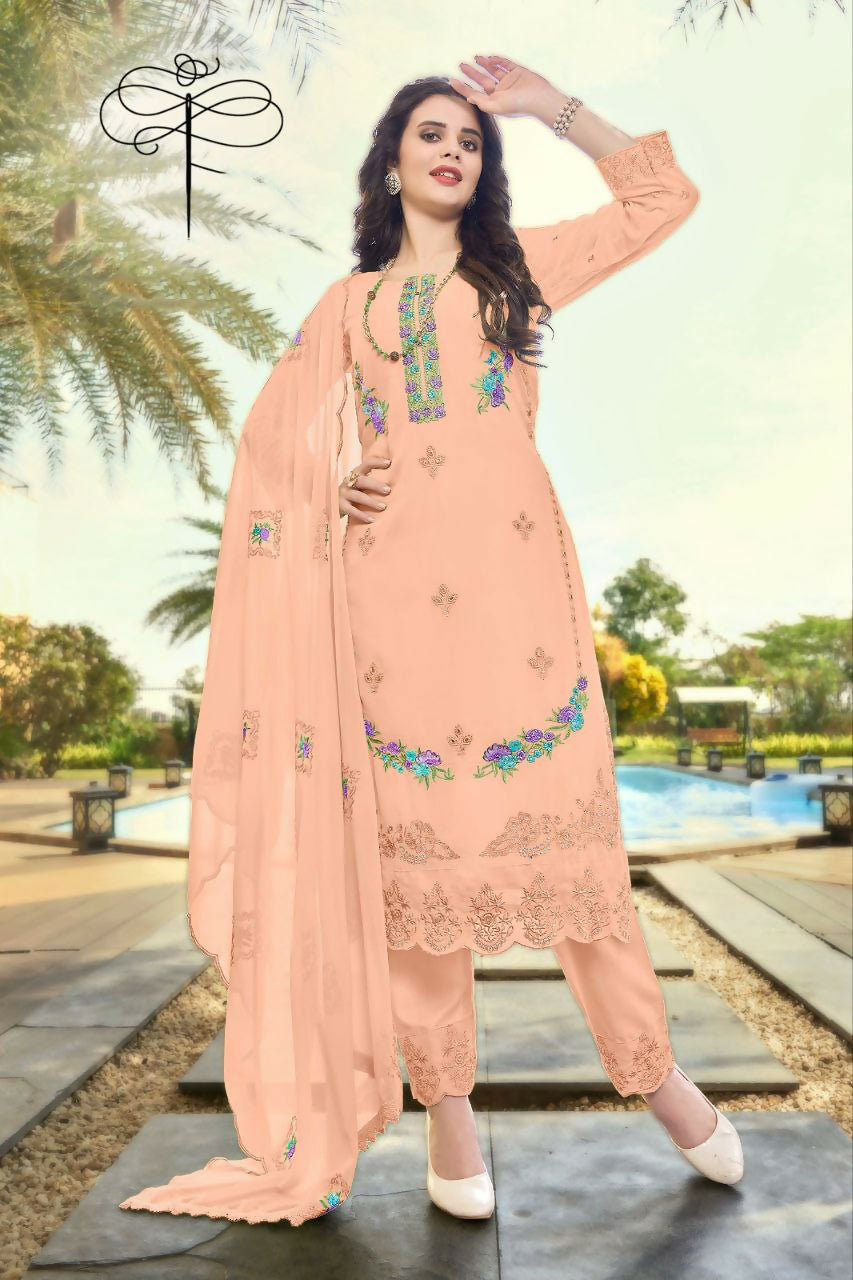 Jyoti Fashion Women's Peach Faux Georgette Heavy Embroidery and Moti Work Kurta Set | Swadesiicart