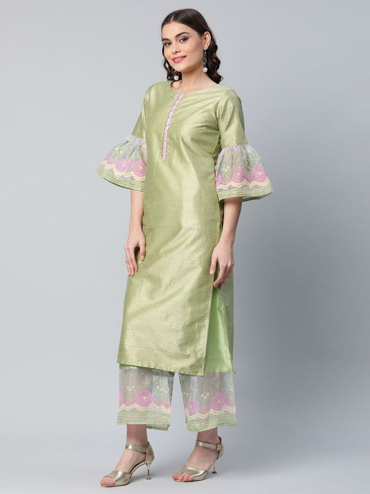 Ahalyaa Women's Light Green Poly Silk Gold Printed Kurta Palazzo Set | Swadesiicart