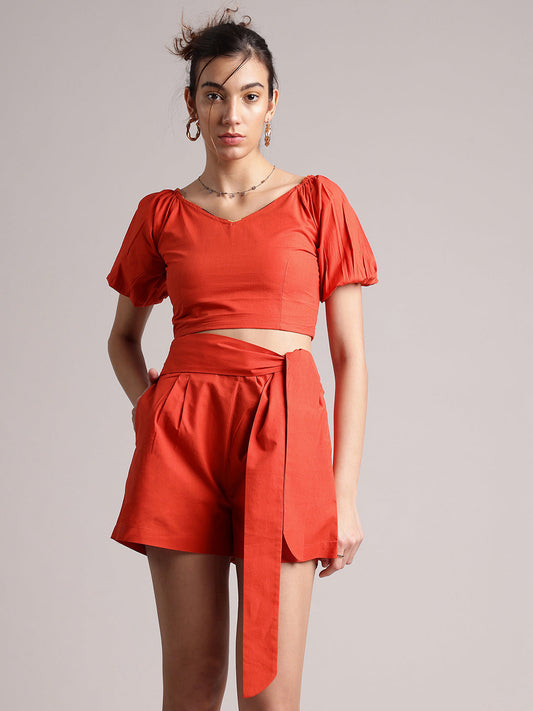 Zaccai Women's Rust Poplin Solid Co-Ords - Swadesiicart