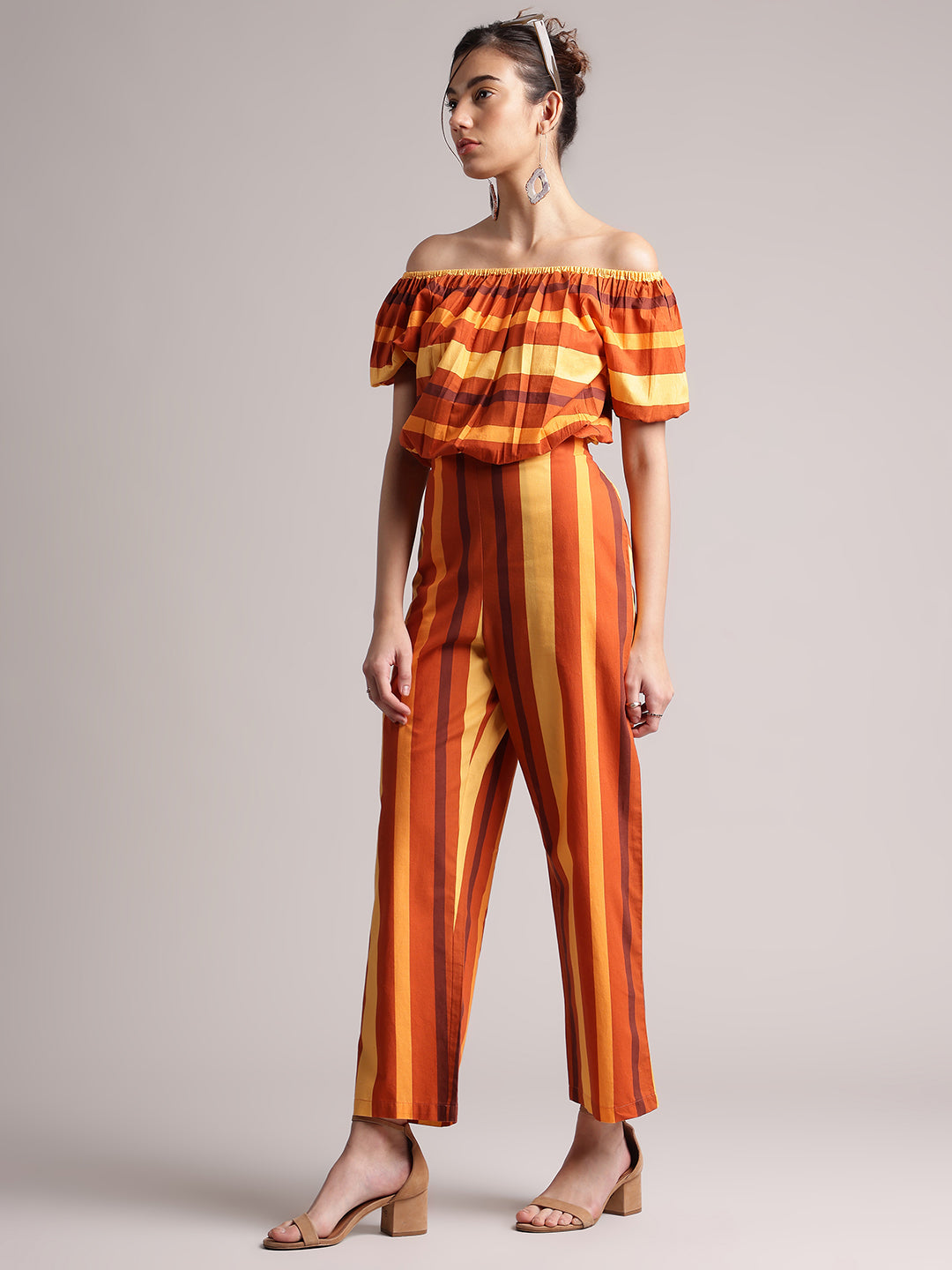 Zaccai Women's Brown Poplin Striped Co-Ords - Swadesiicart