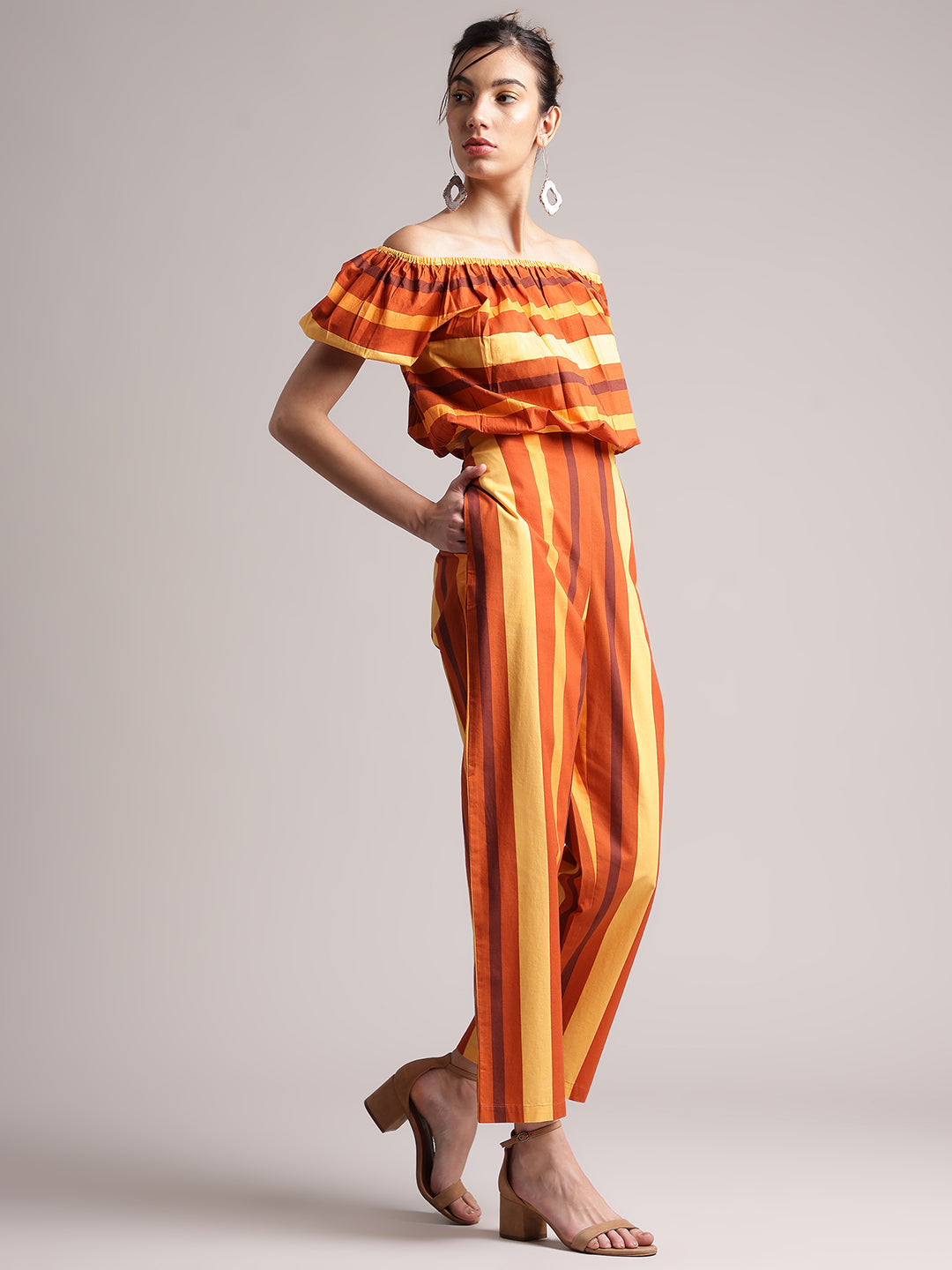 Zaccai Women's Brown Poplin Striped Co-Ords - Swadesiicart