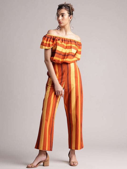 Zaccai Women's Brown Poplin Striped Co-Ords - Swadesiicart