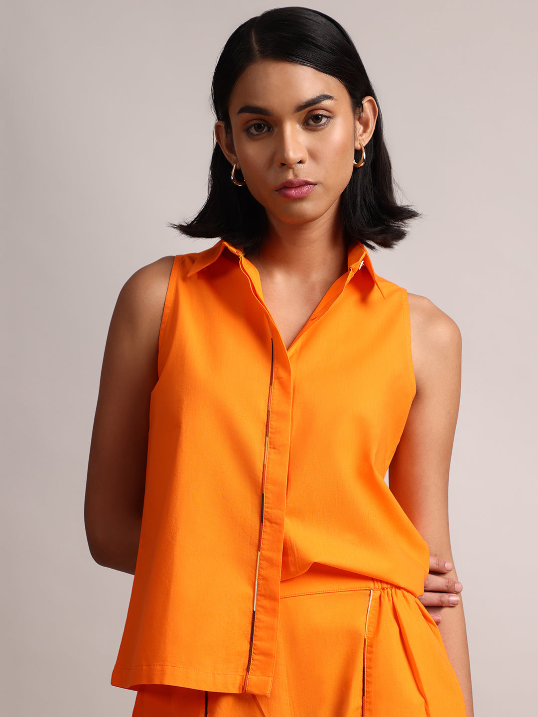 Zaccai Women's Orange Poplin Solid Co-Ords - Swadesiicart