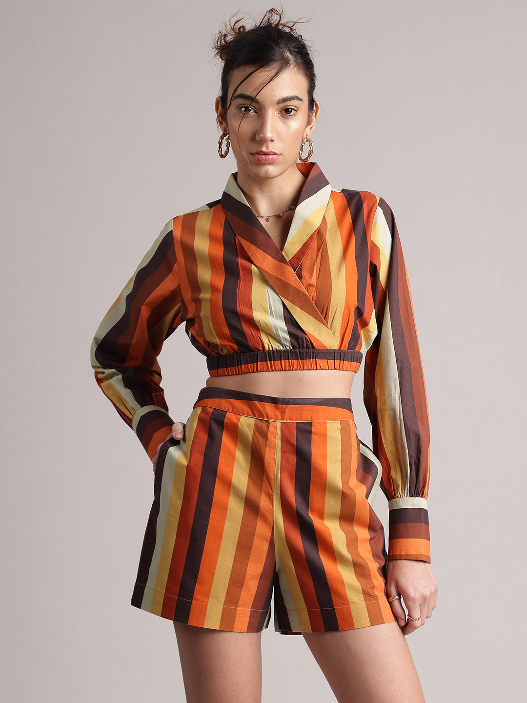 Zaccai Women's Rust Poplin Striped Co-Ords - Swadesiicart