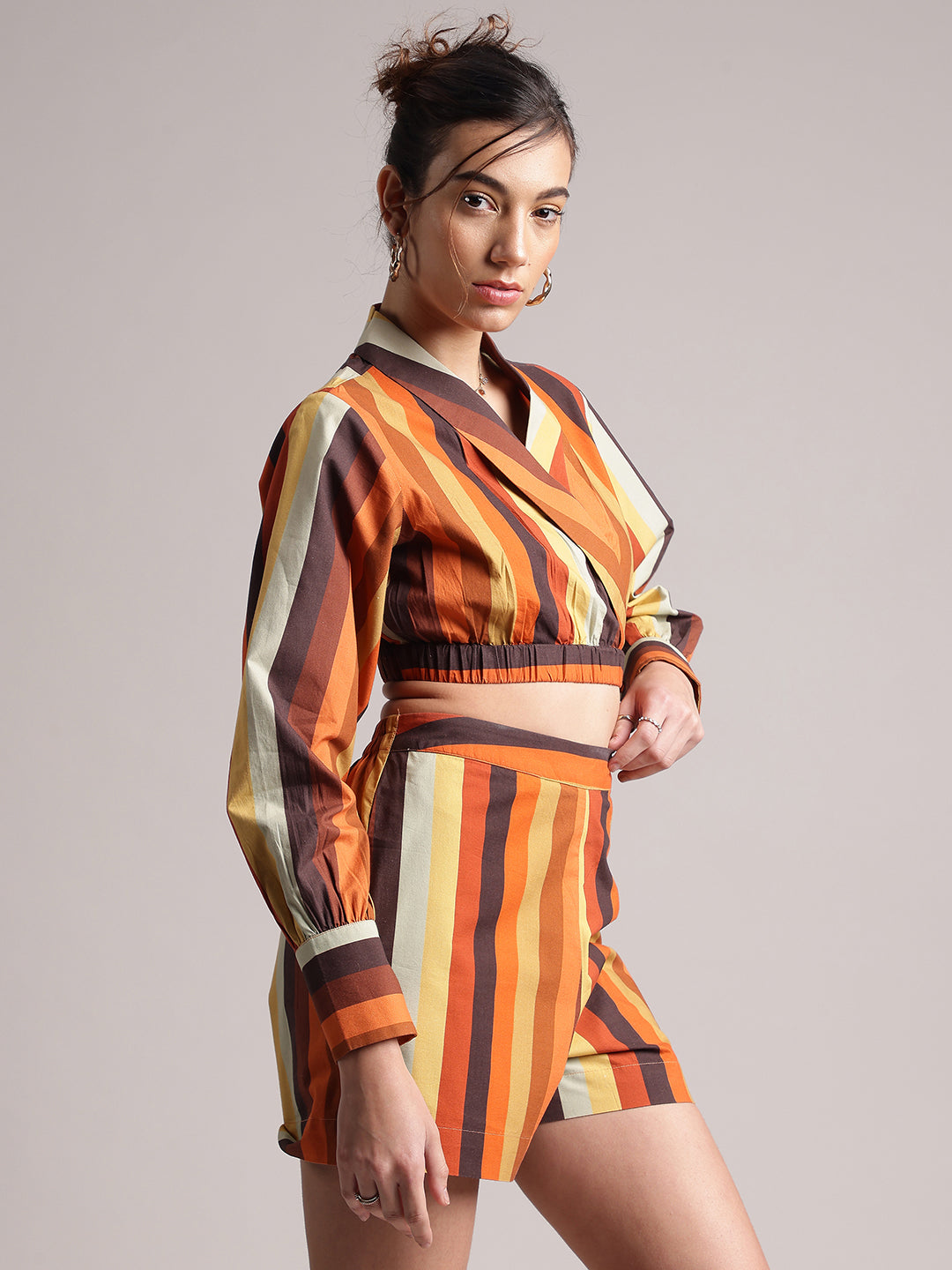 Zaccai Women's Rust Poplin Striped Co-Ords - Swadesiicart