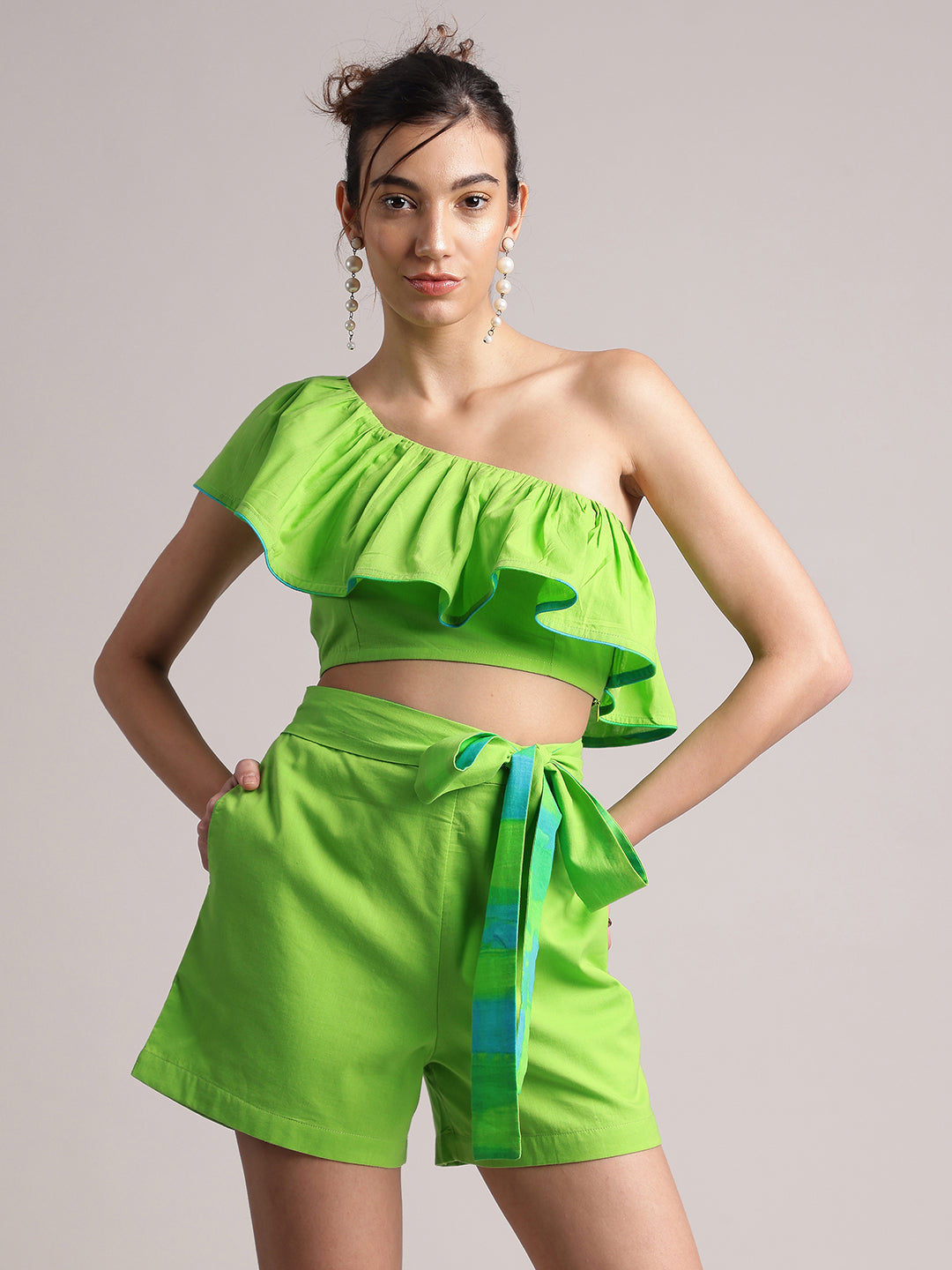 Zaccai Women's Green Cambric Solid Co-Ords - Swadesiicart
