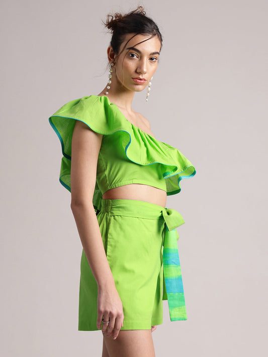 Zaccai Women's Green Cambric Solid Co-Ords - Swadesiicart