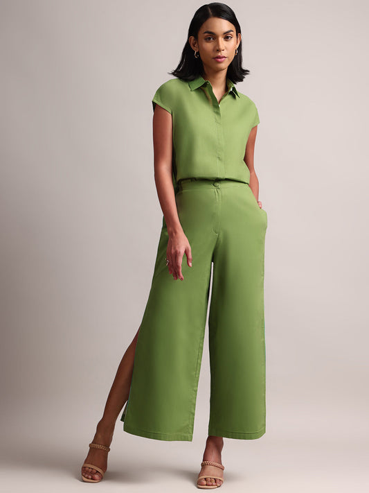 Zaccai Women's Green Cambric Solid Co-Ords - Swadesiicart