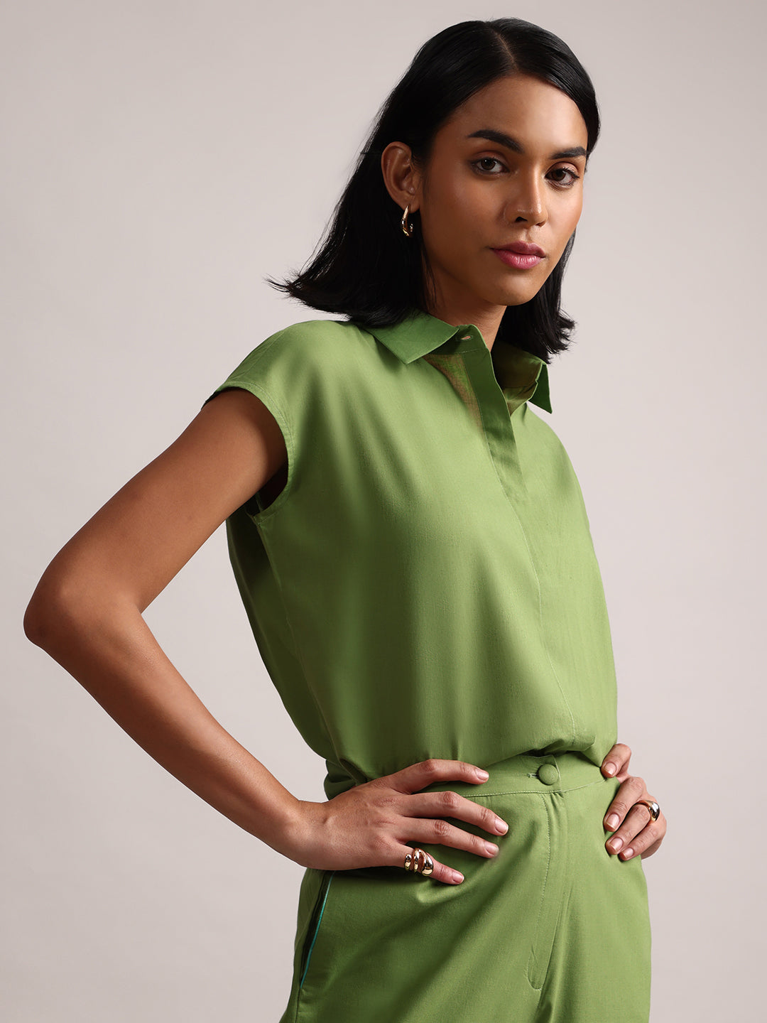 Zaccai Women's Green Cambric Solid Co-Ords - Swadesiicart