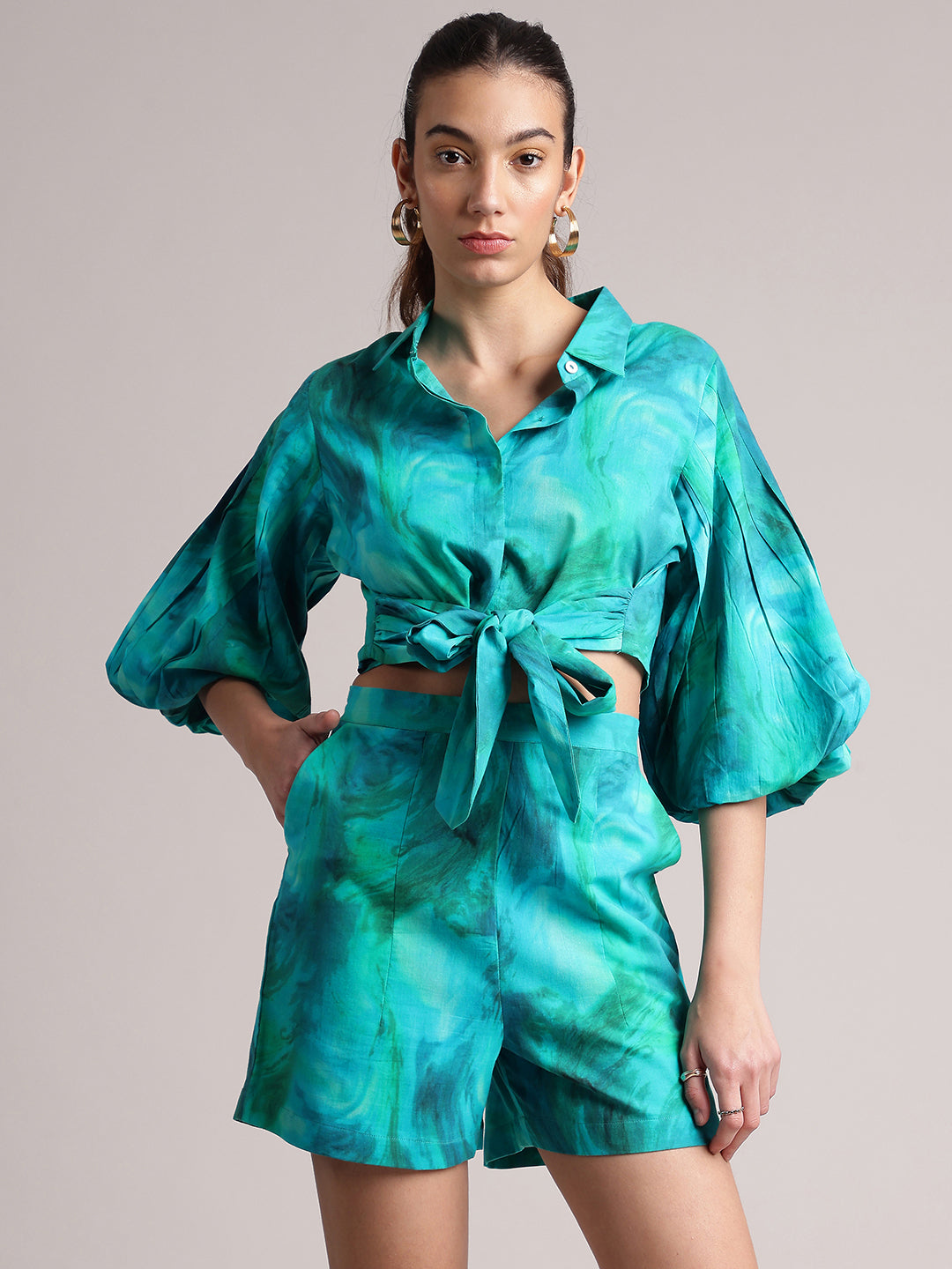 Zaccai Women's Aqua Cambric Abstract Co-Ords - Swadesiicart