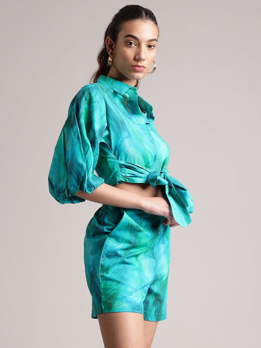 Zaccai Women's Aqua Cambric Abstract Co-Ords - Swadesiicart