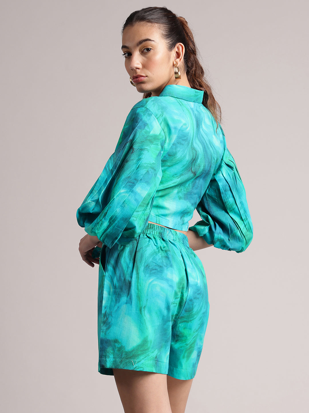 Zaccai Women's Aqua Cambric Abstract Co-Ords - Swadesiicart