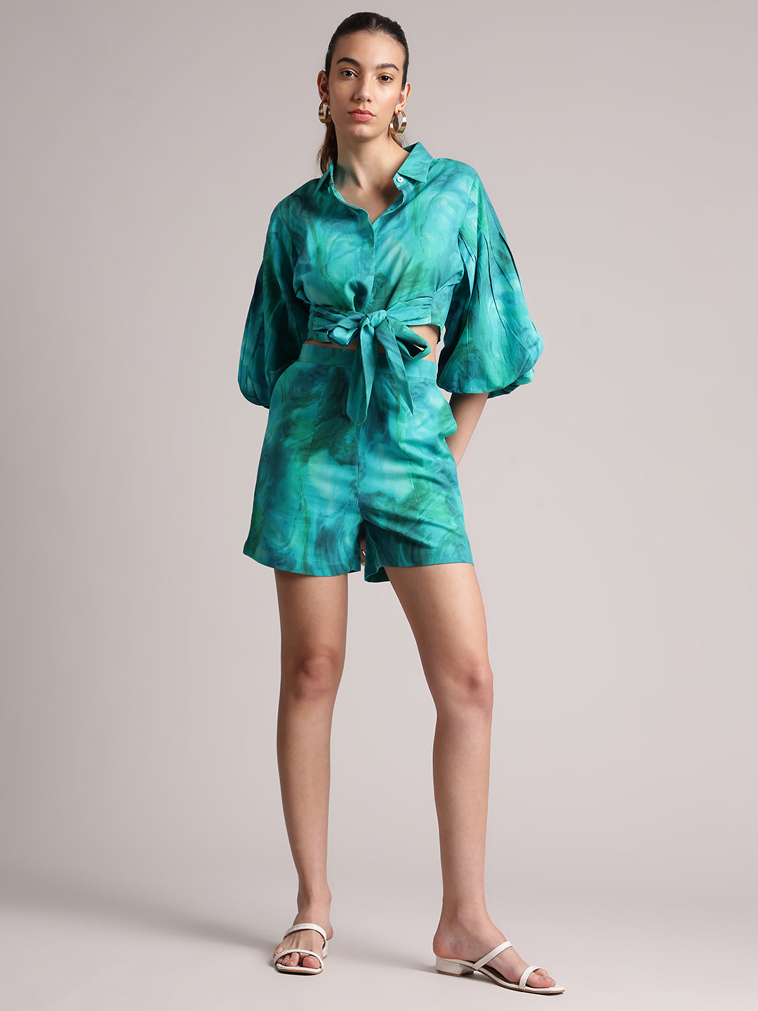 Zaccai Women's Aqua Cambric Abstract Co-Ords - Swadesiicart