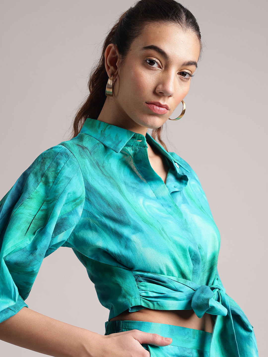 Zaccai Women's Aqua Cambric Abstract Co-Ords - Swadesiicart