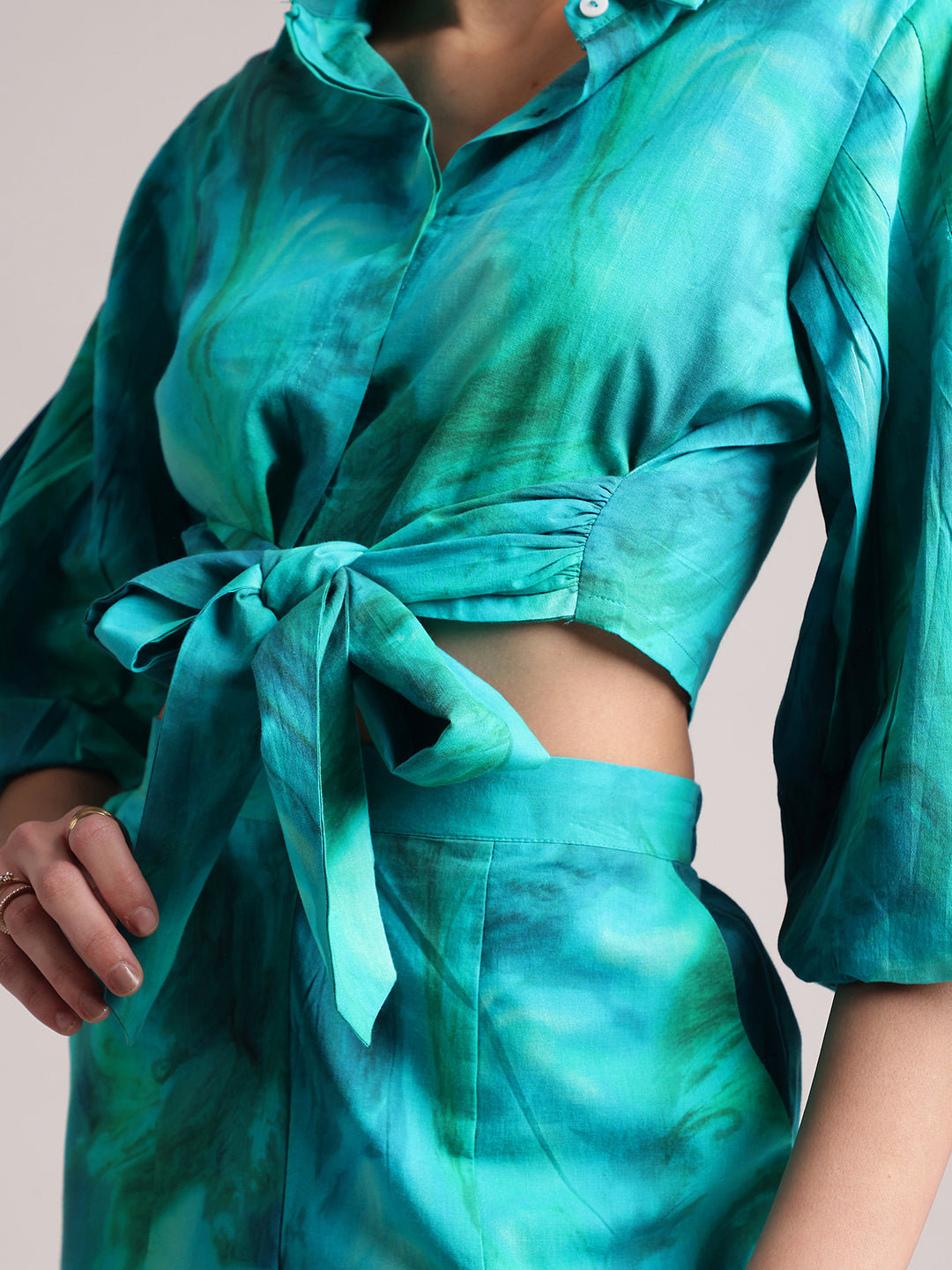 Zaccai Women's Aqua Cambric Abstract Co-Ords - Swadesiicart