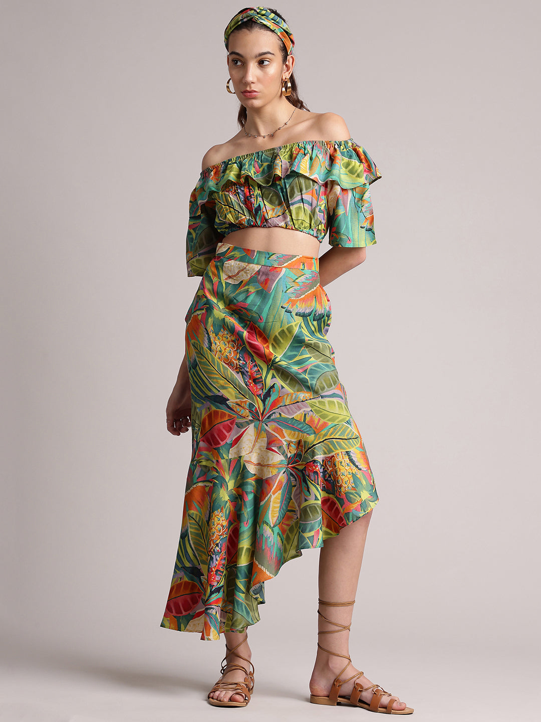 Zaccai Women's Green Muslin Tropical Co-Ords - Swadesiicart