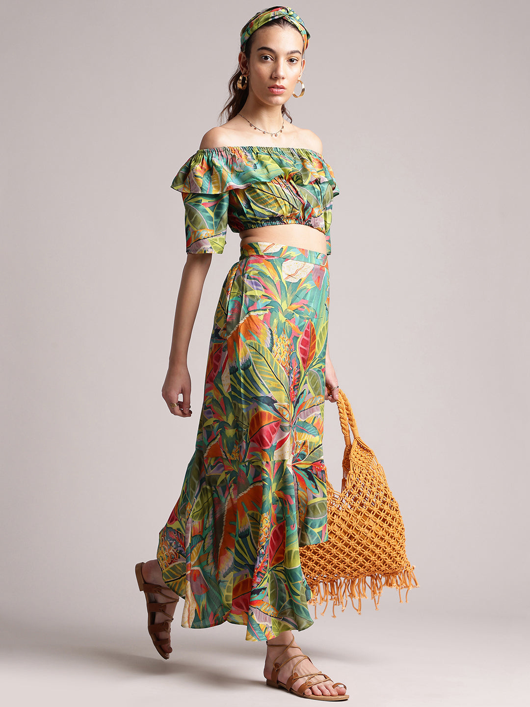 Zaccai Women's Green Muslin Tropical Co-Ords - Swadesiicart