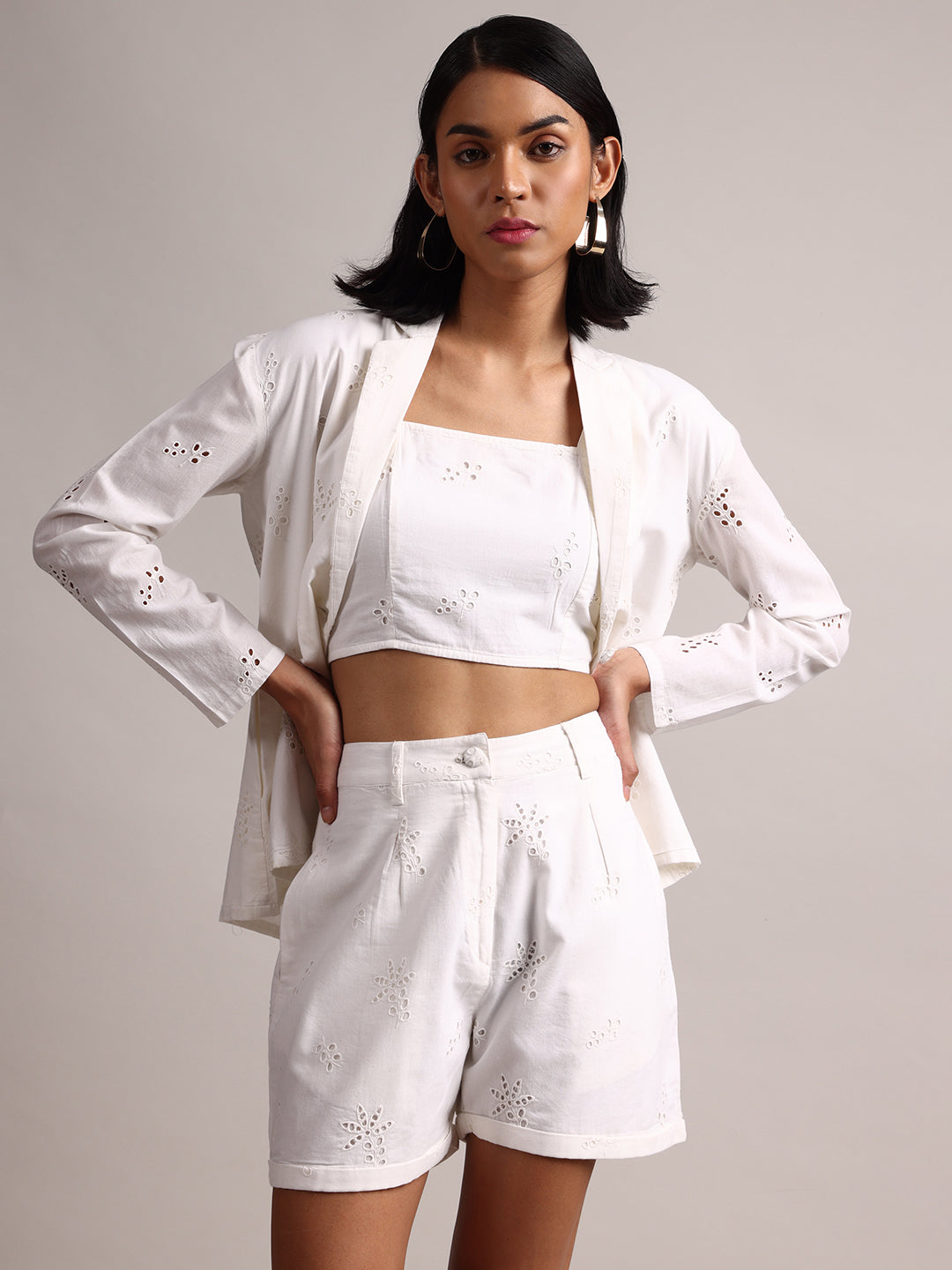 Zaccai Women's White Cambric Schiffli Co-Ords - Swadesiicart