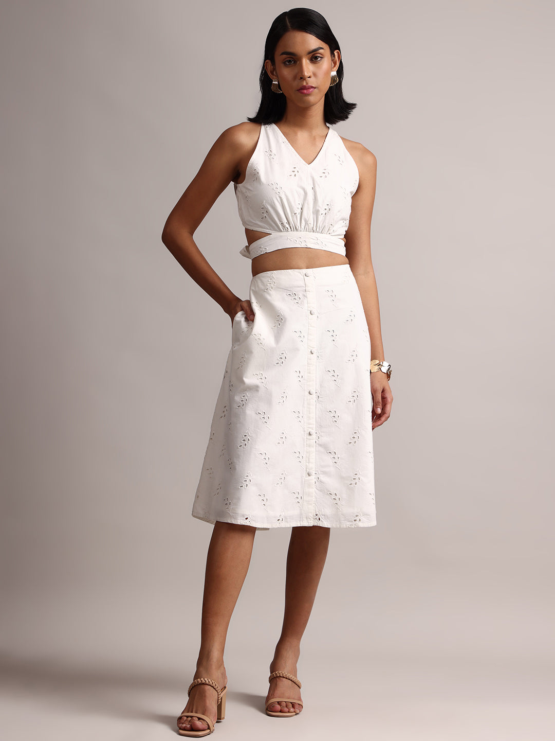 Zaccai Women's White Cambric Schiffli Co-Ords - Swadesiicart