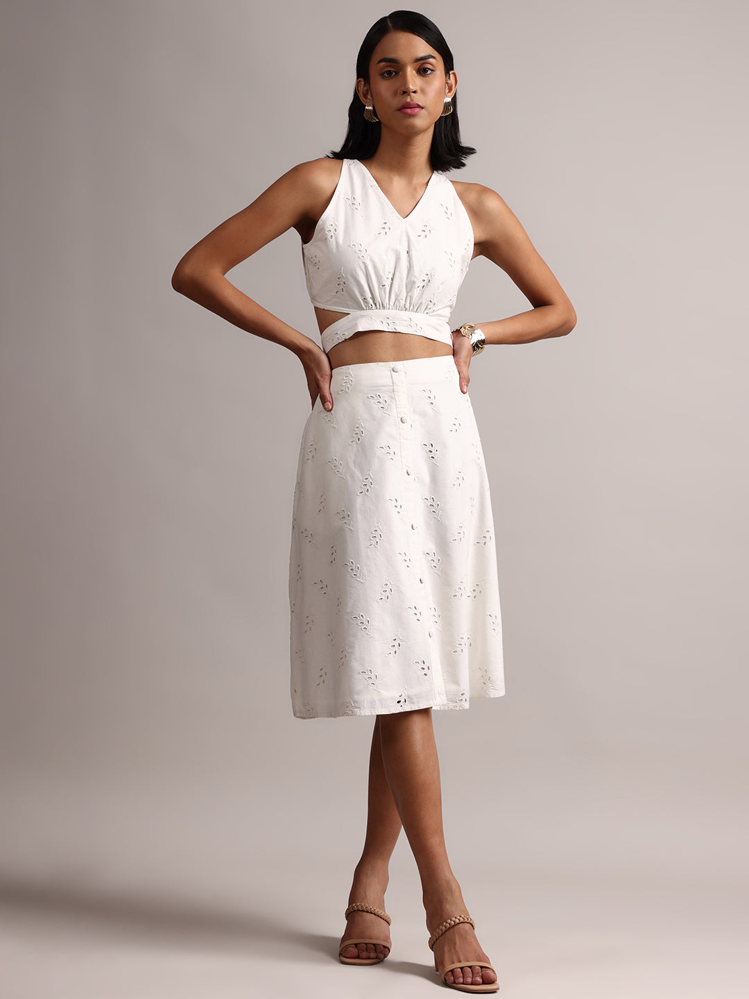 Zaccai Women's White Cambric Schiffli Co-Ords - Swadesiicart