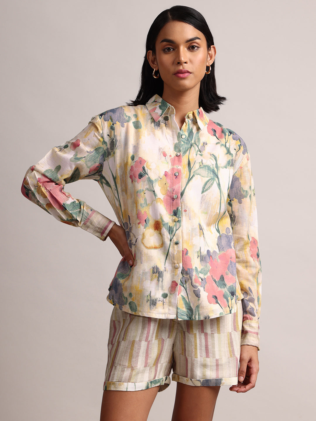 Zaccai Women's Yellow Linen Floral Co-Ords - Swadesiicart