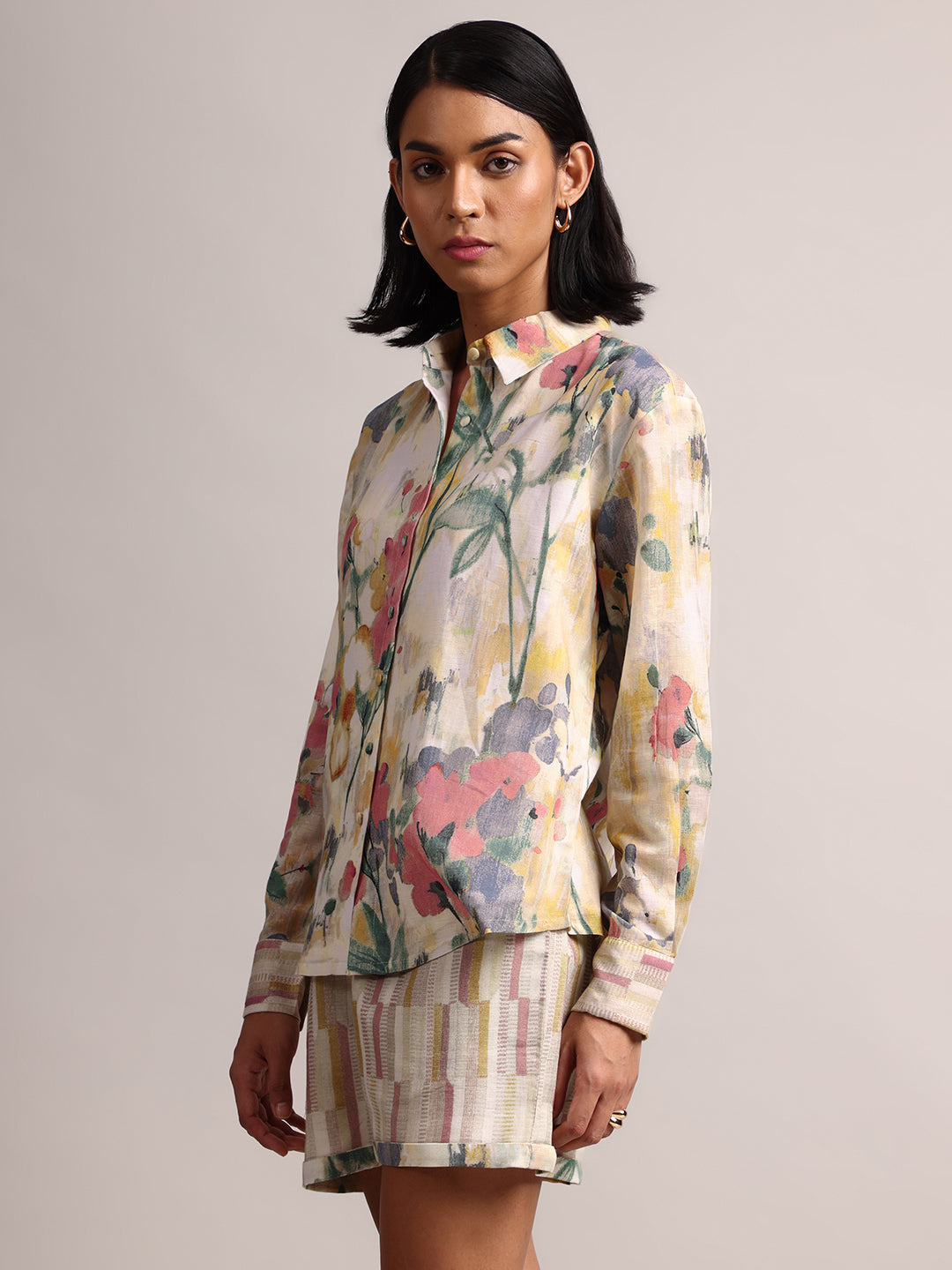 Zaccai Women's Yellow Linen Floral Co-Ords - Swadesiicart