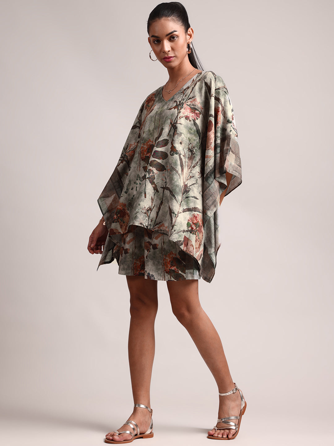 Zaccai Women's Grey Cotton Linen Floral Co-Ords - Swadesiicart
