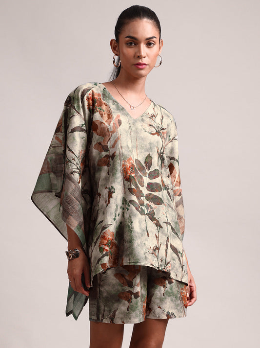 Zaccai Women's Grey Cotton Linen Floral Co-Ords - Swadesiicart