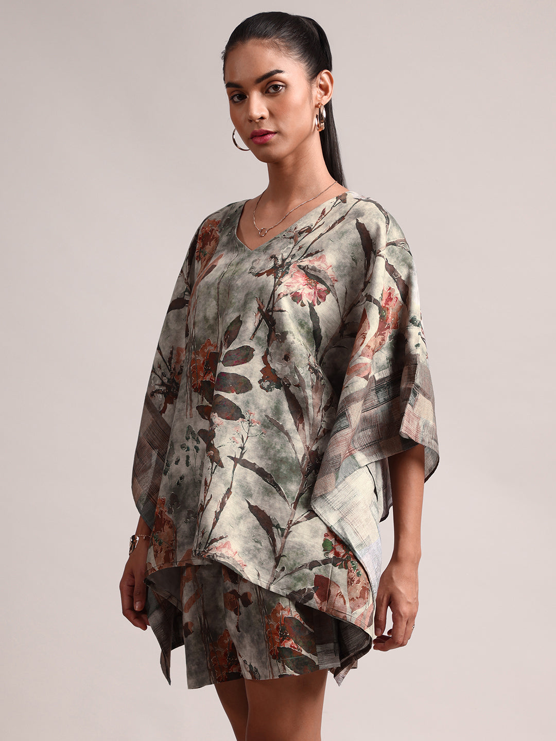 Zaccai Women's Grey Cotton Linen Floral Co-Ords - Swadesiicart