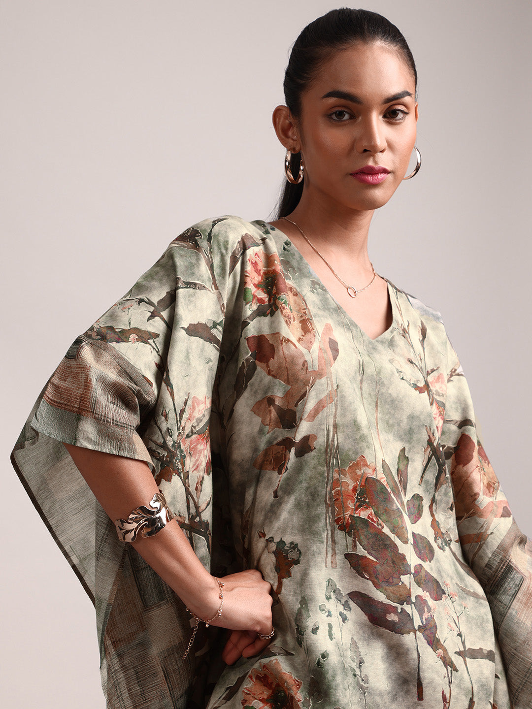 Zaccai Women's Grey Cotton Linen Floral Co-Ords - Swadesiicart
