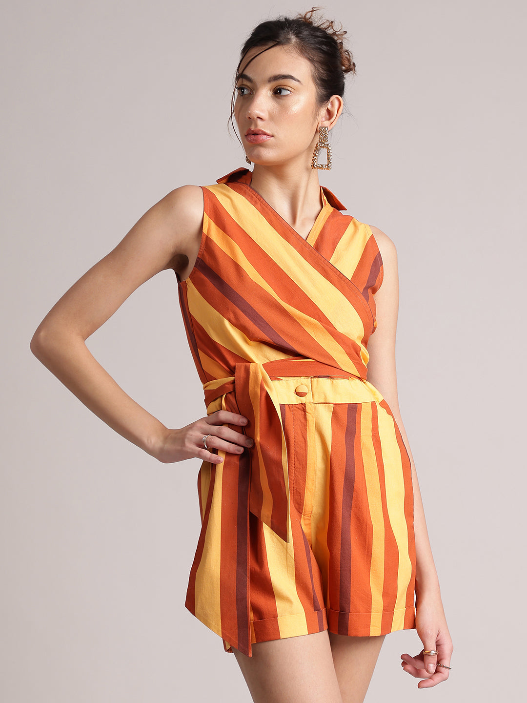 Zaccai Women's Rust Poplin Striped Jumpsuit - Swadesiicart