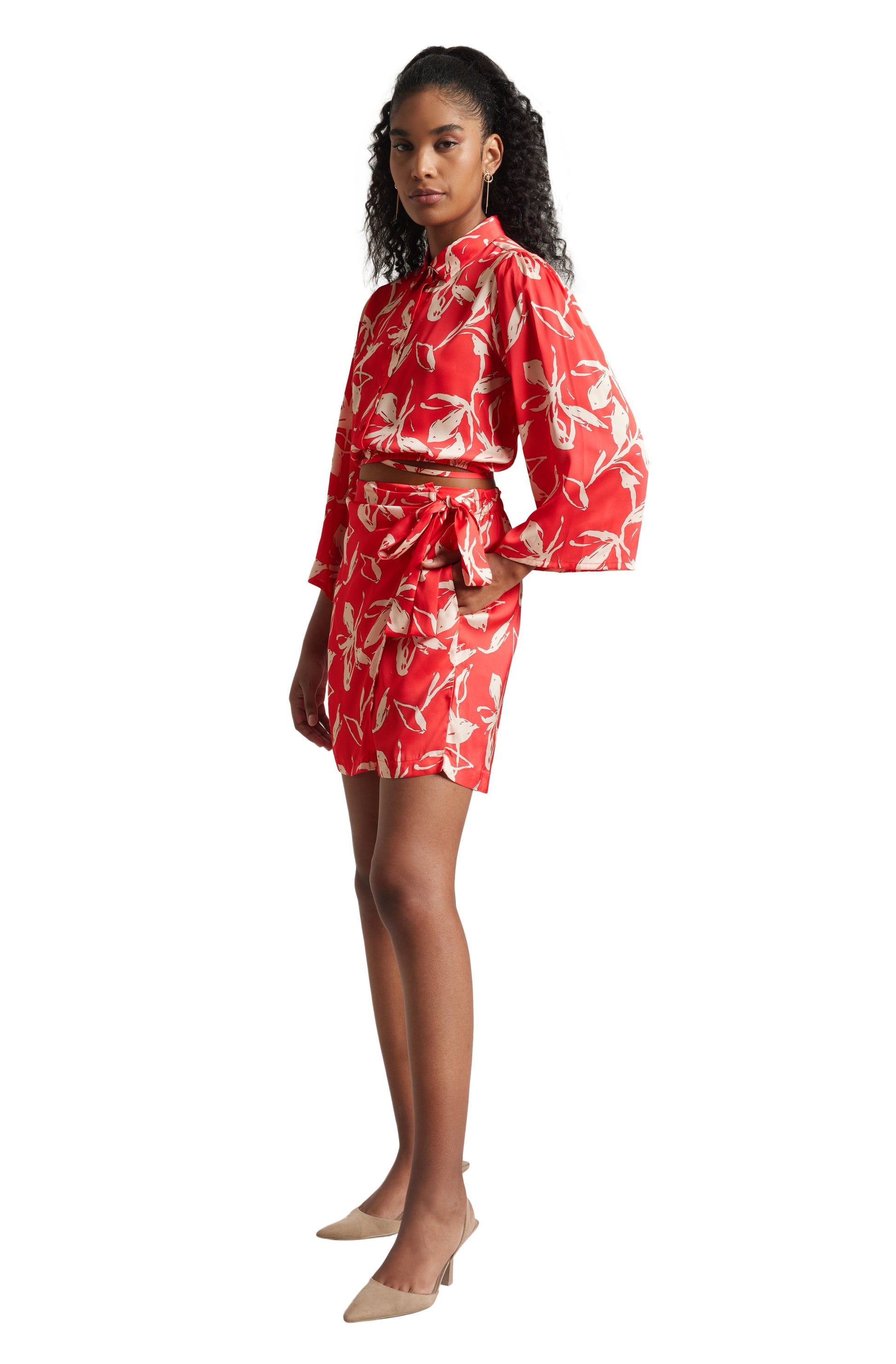 Zaccai Women's Red Satin Abstract Co-ord Set - Swadesiicart