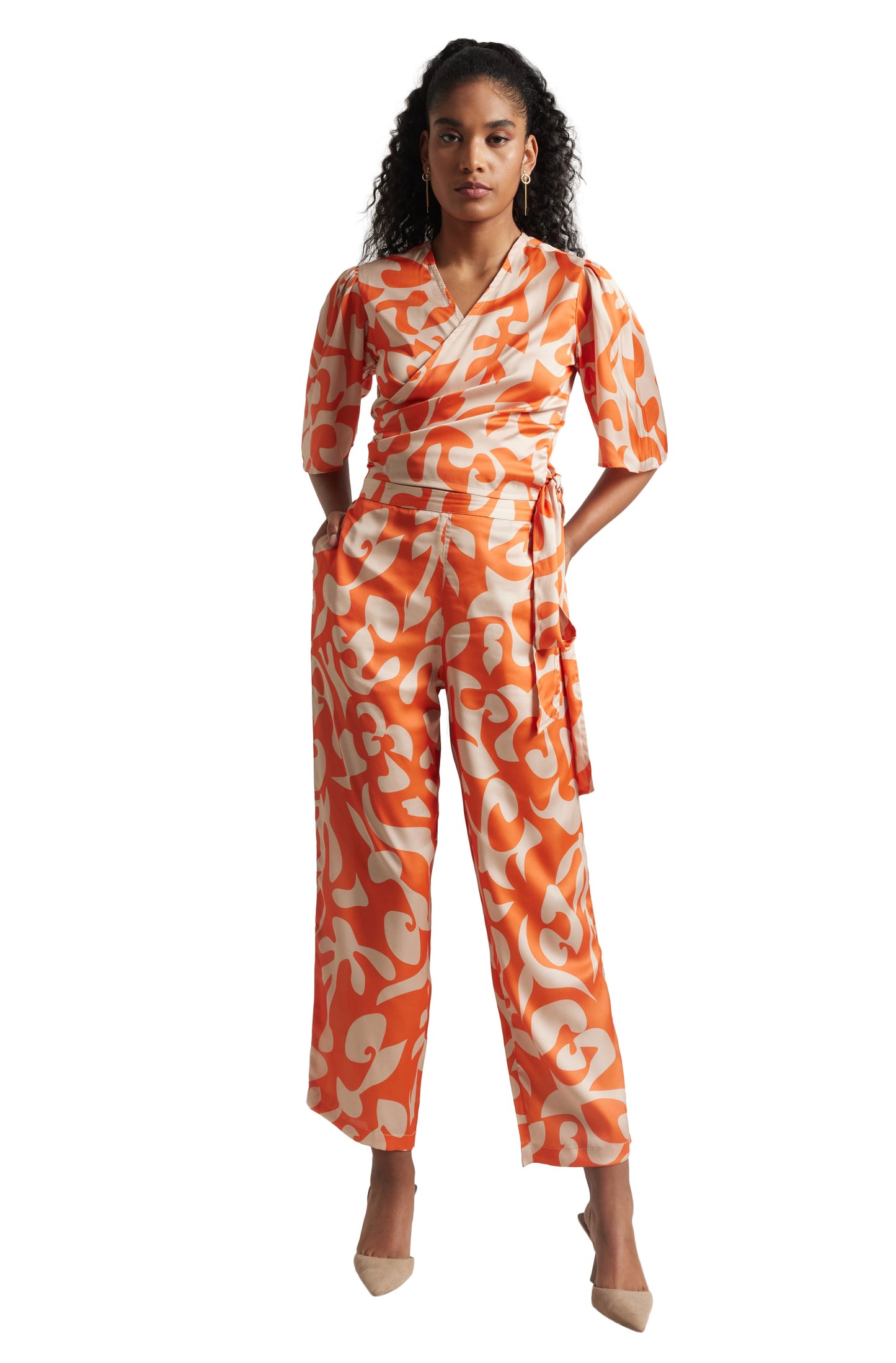 Zaccai Women's Orange Satin Abstract Co-ord Set - Swadesiicart