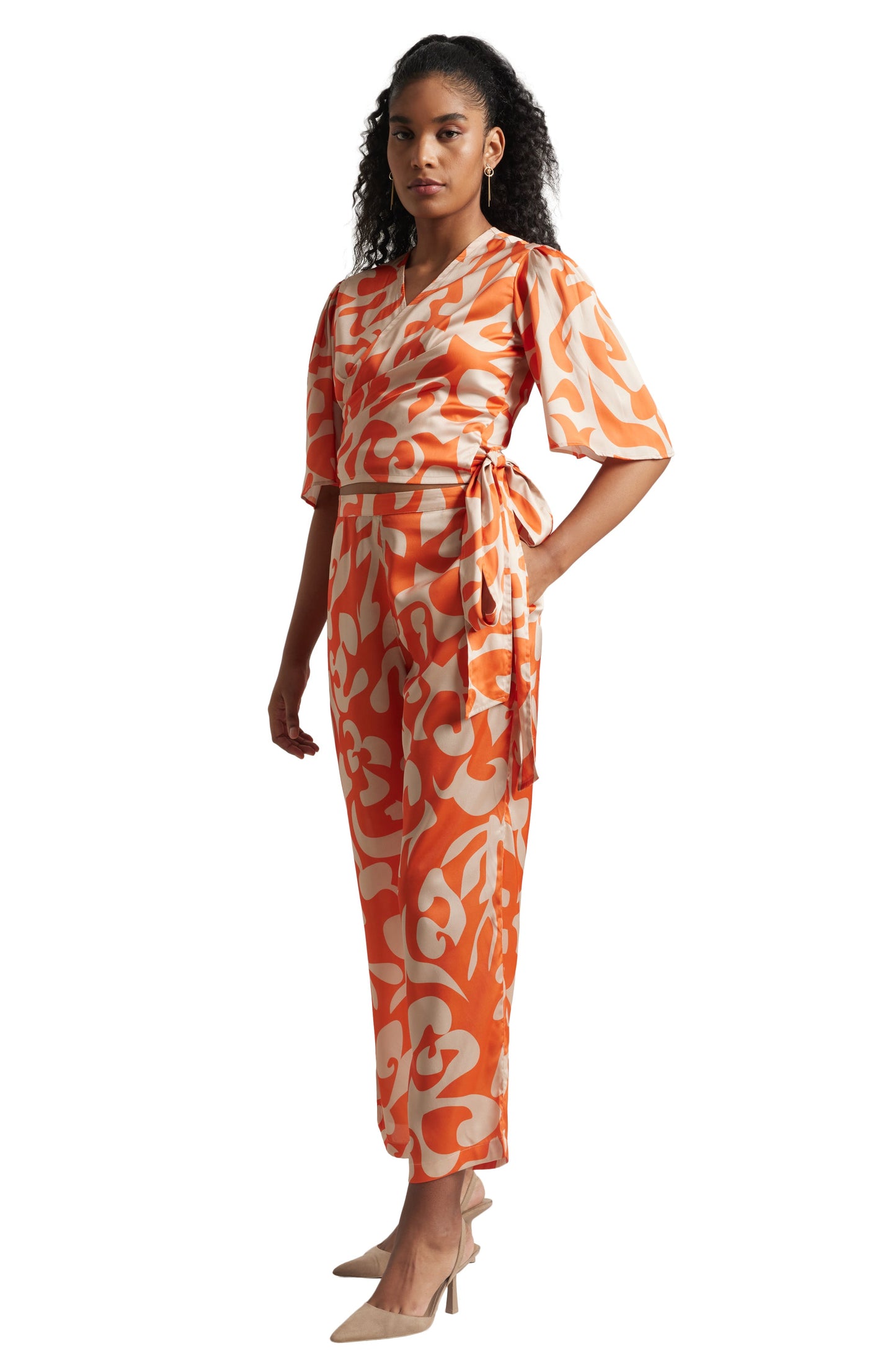 Zaccai Women's Orange Satin Abstract Co-ord Set - Swadesiicart