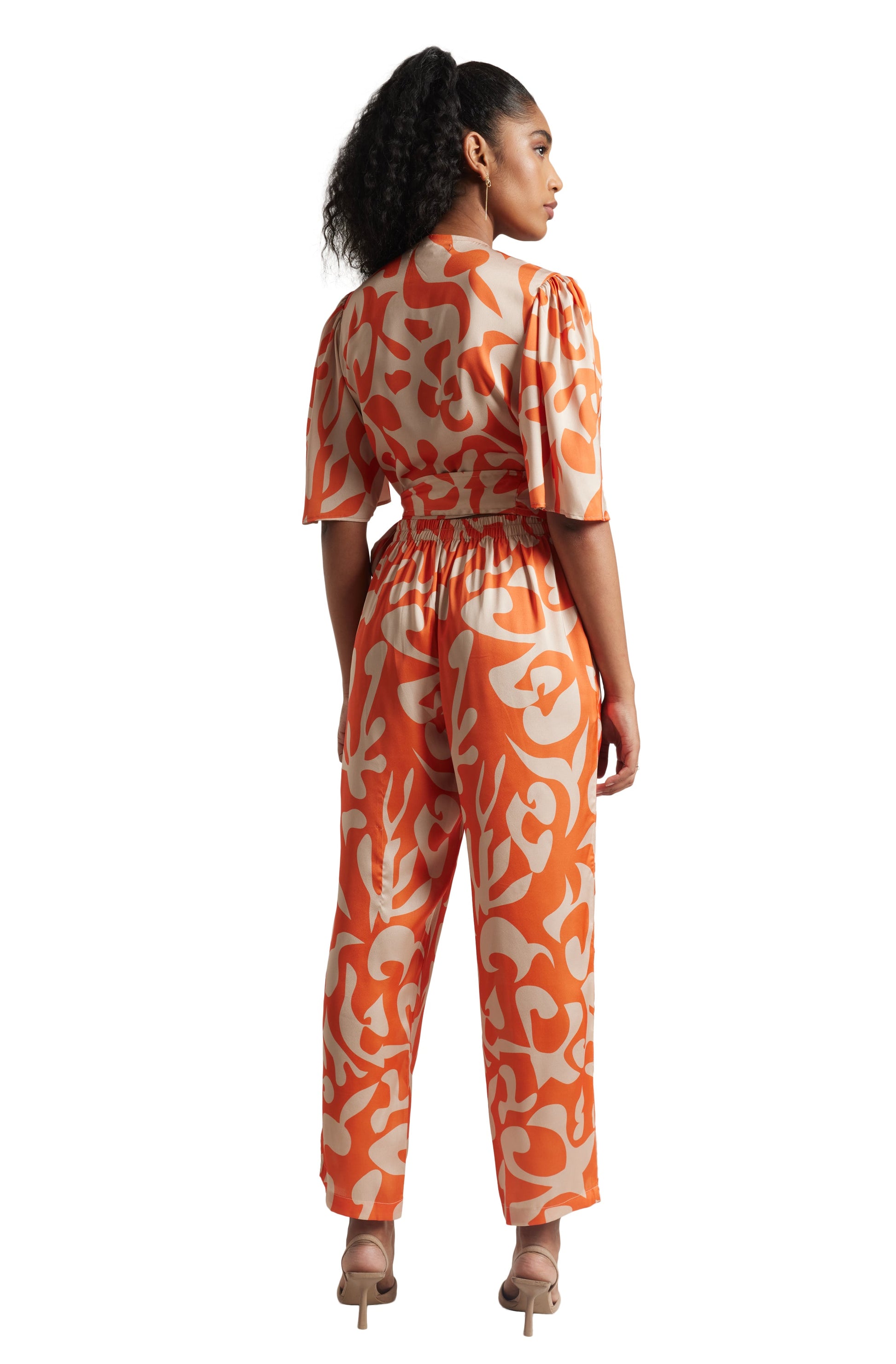 Zaccai Women's Orange Satin Abstract Co-ord Set - Swadesiicart