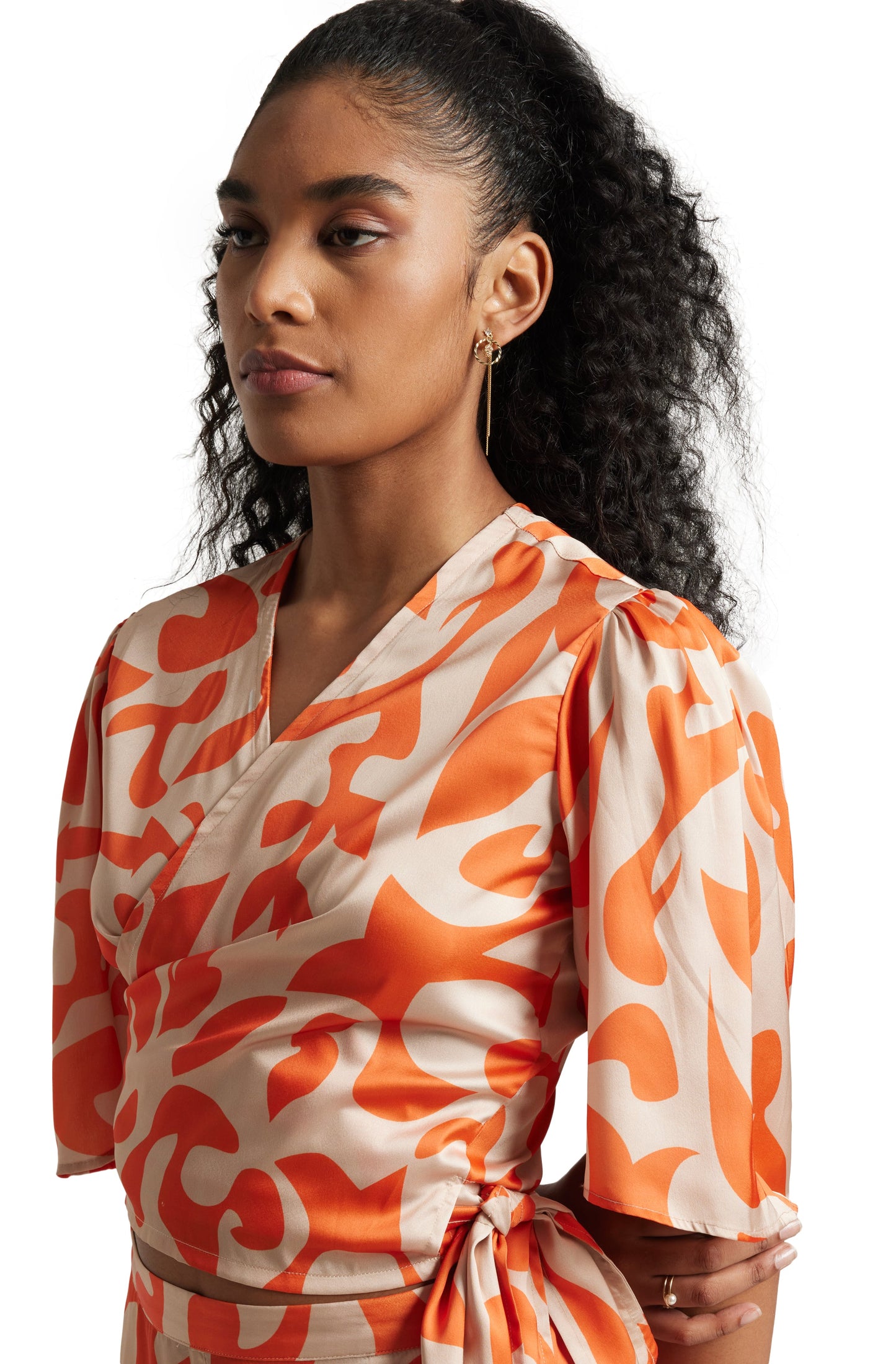 Zaccai Women's Orange Satin Abstract Co-ord Set - Swadesiicart