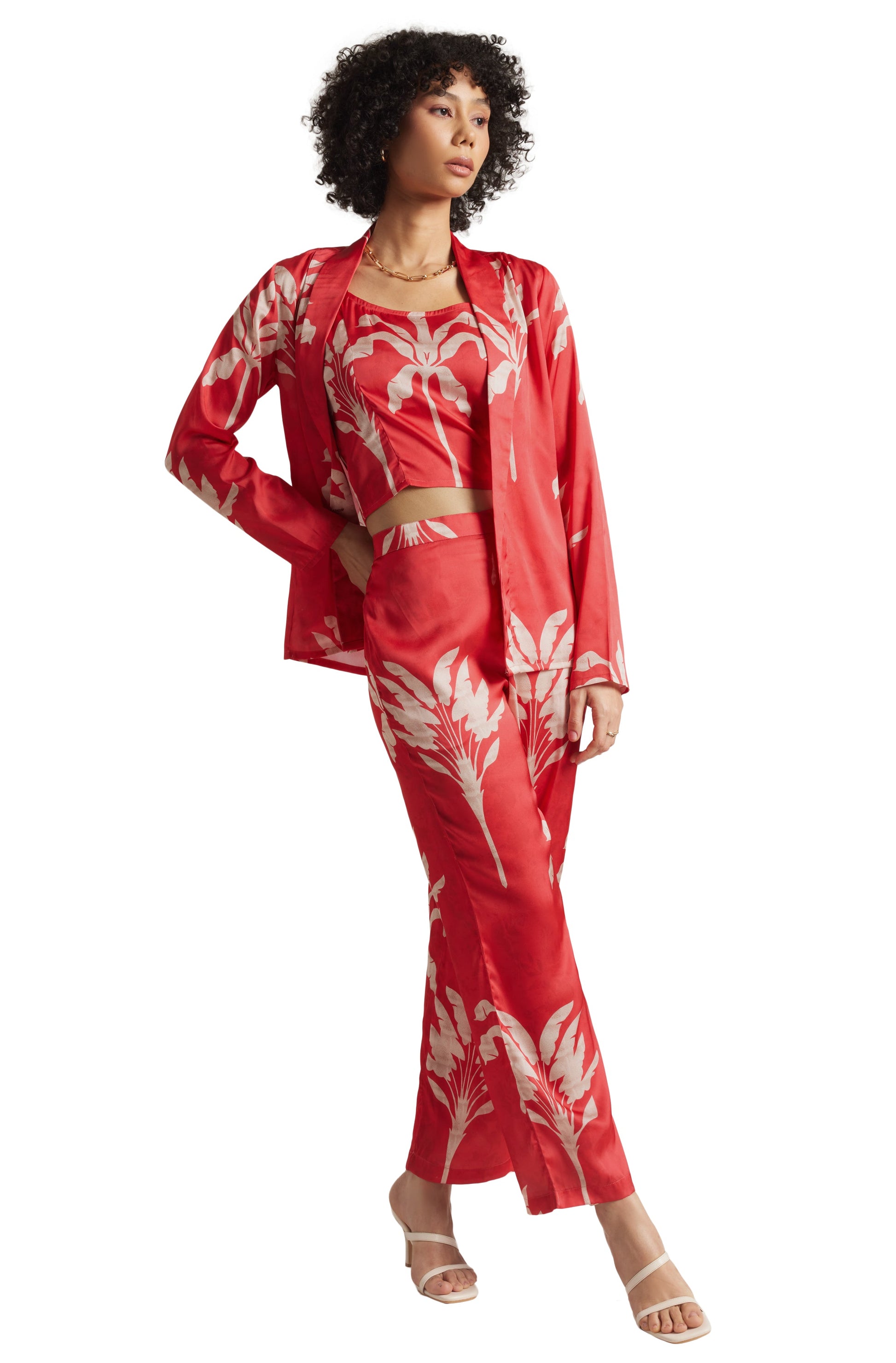 Zaccai Women's Red Satin Printed Co-ord Set - Swadesiicart