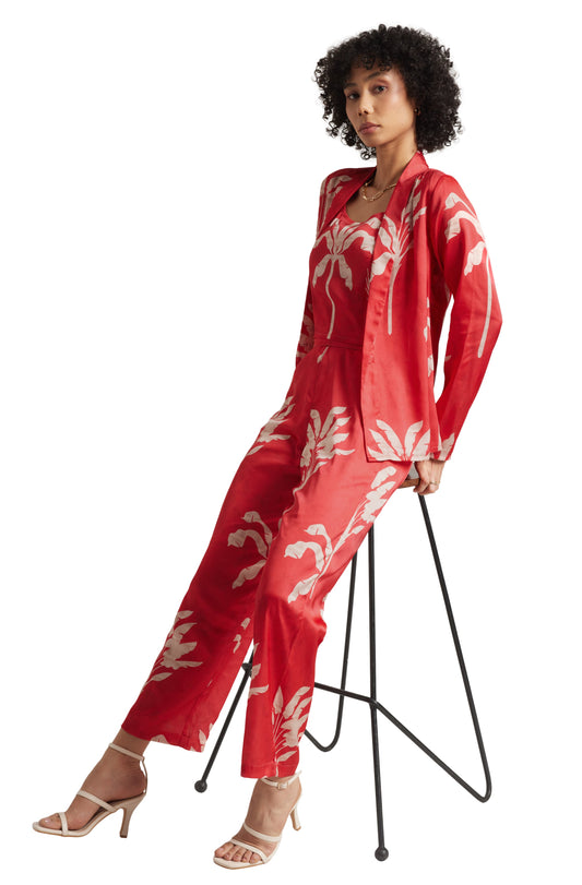 Zaccai Women's Red Satin Printed Co-ord Set - Swadesiicart