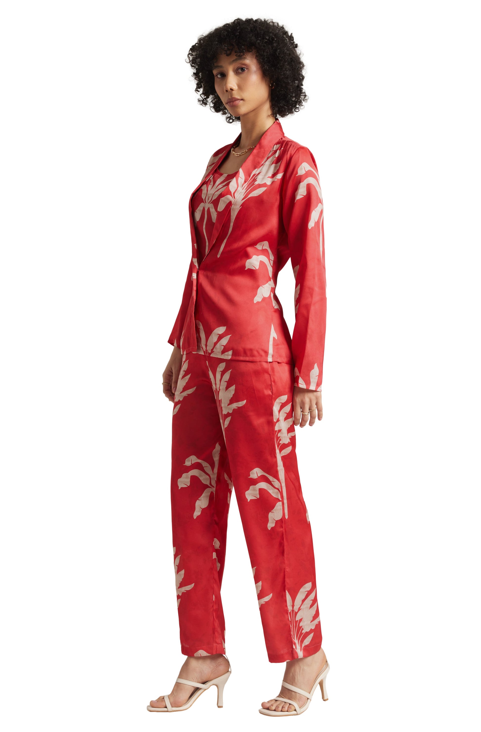 Zaccai Women's Red Satin Printed Co-ord Set - Swadesiicart