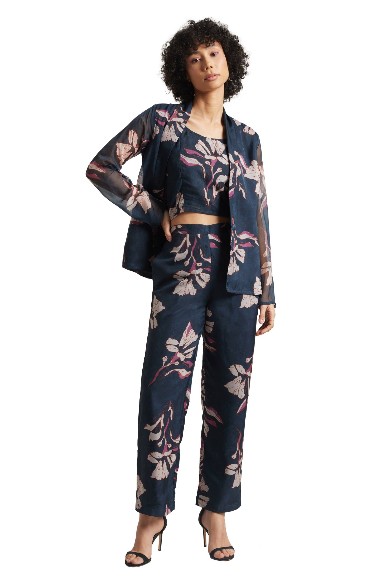 Zaccai Women's Navy Organza Floral Co-ord Set - Swadesiicart