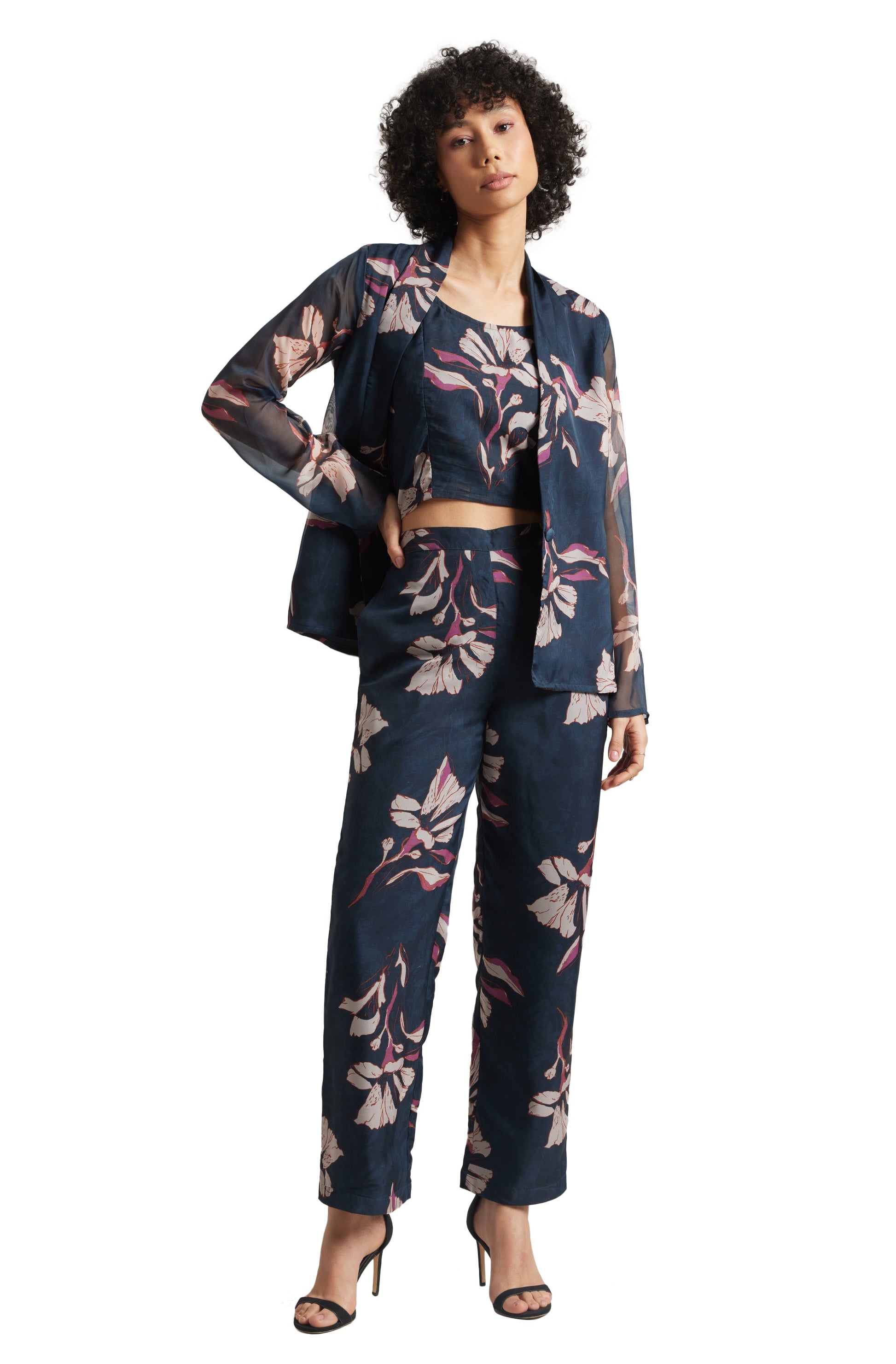 Zaccai Women's Navy Organza Floral Co-ord Set - Swadesiicart