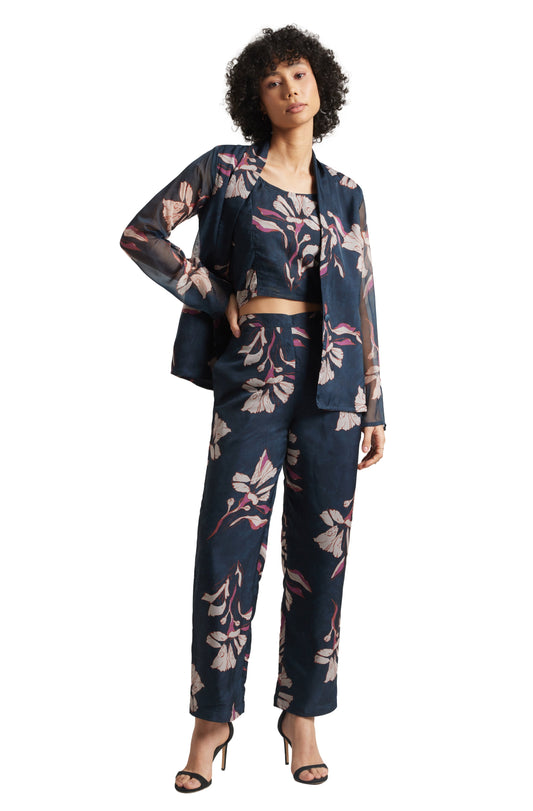 Zaccai Women's Navy Organza Floral Co-ord Set - Swadesiicart