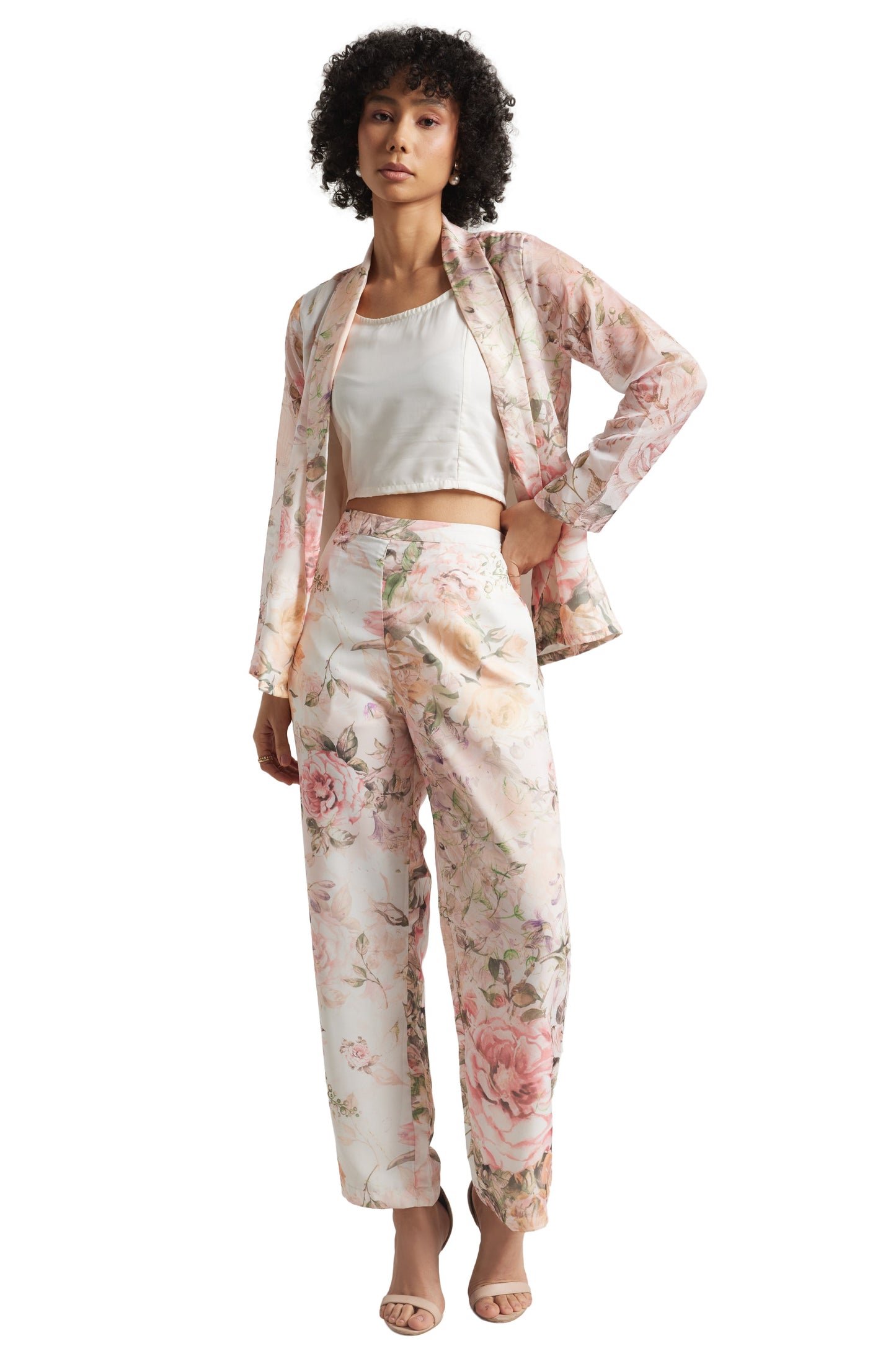 Zaccai Women's Beige Organza Floral Co-ord Set - Swadesiicart