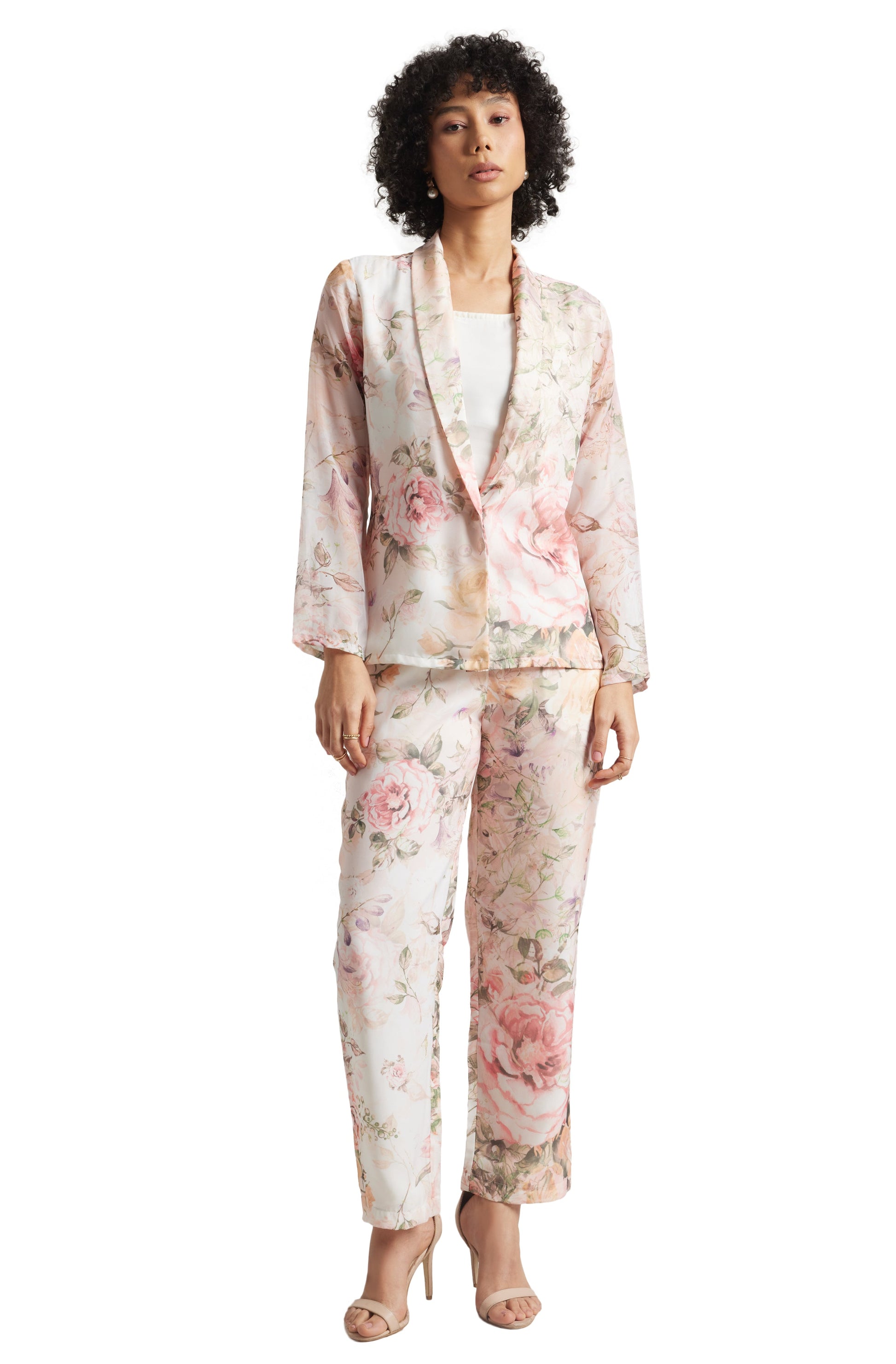 Zaccai Women's Beige Organza Floral Co-ord Set - Swadesiicart