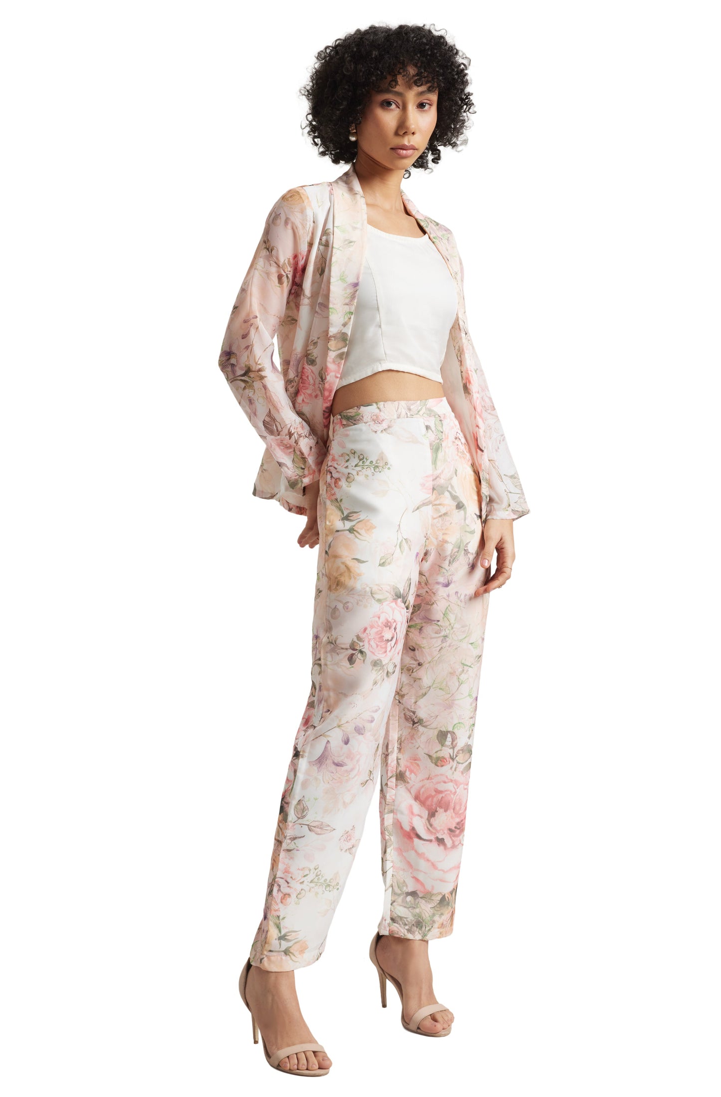 Zaccai Women's Beige Organza Floral Co-ord Set - Swadesiicart