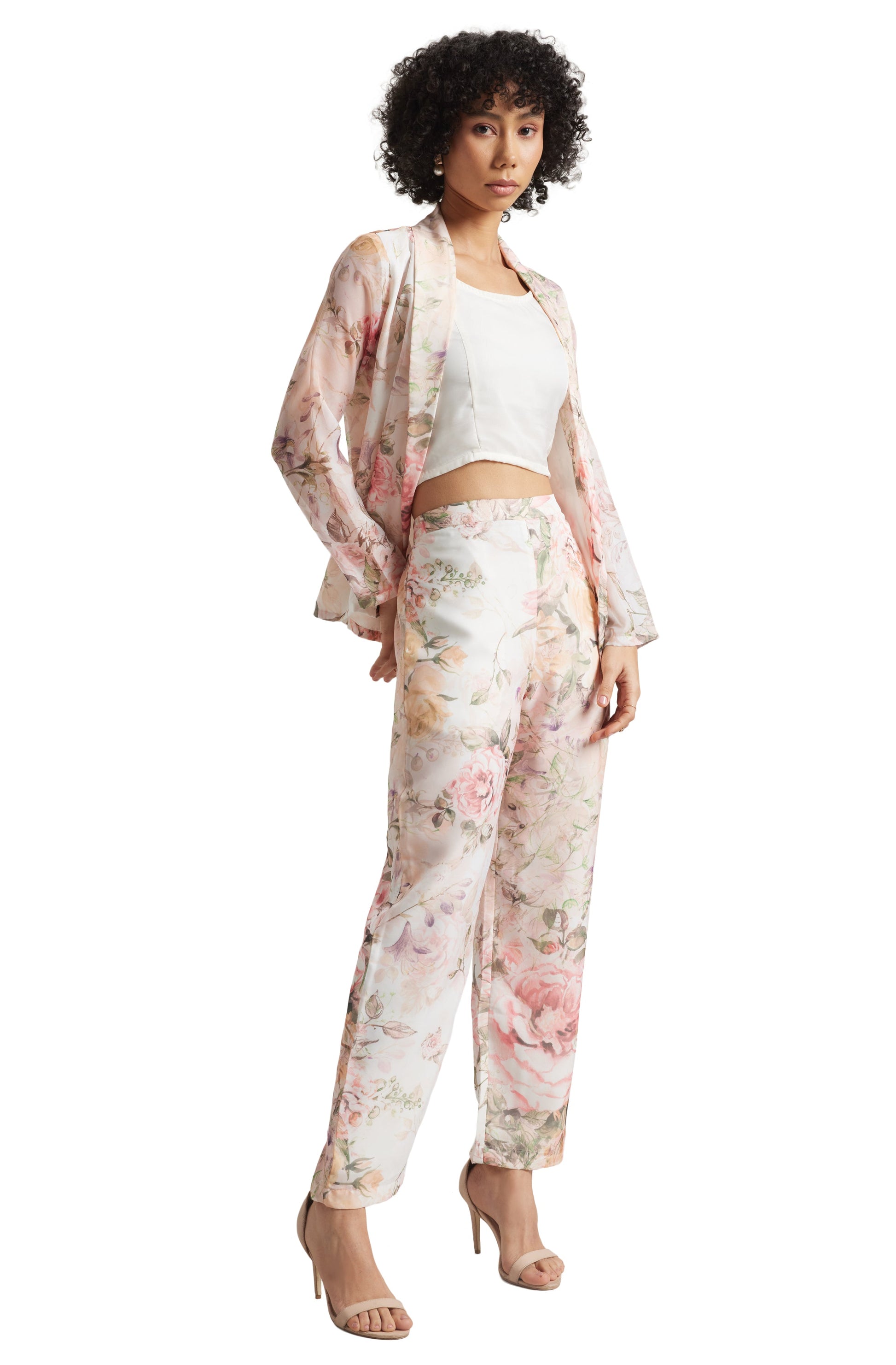 Zaccai Women's Beige Organza Floral Co-ord Set - Swadesiicart
